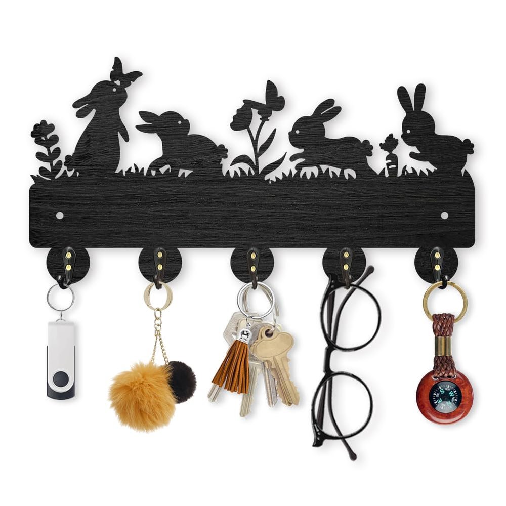 MAYJOYDIY Bunny Meadow Flower Coat Rack 11.87.2inch Wood 4 Rabbits Key Holder for Wall Rabbits Butterfly Wildflower Carrot Key Hanger 5 Alloy Hooks Key Rack for Farmhouse Gift Entryway Art Decor