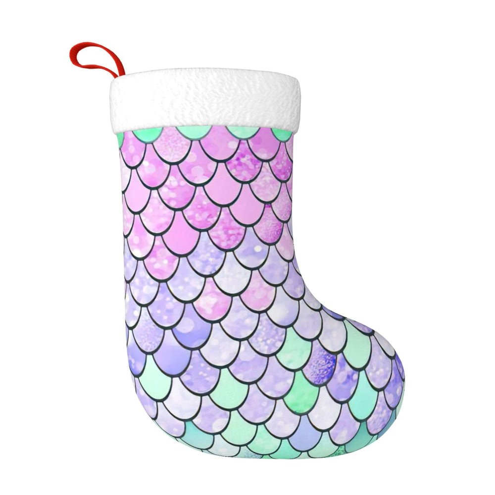 WURTON Christmas Stocking Mermaid Scale Xmas Stocking for Party Decor Family Holiday Hanging Stocking