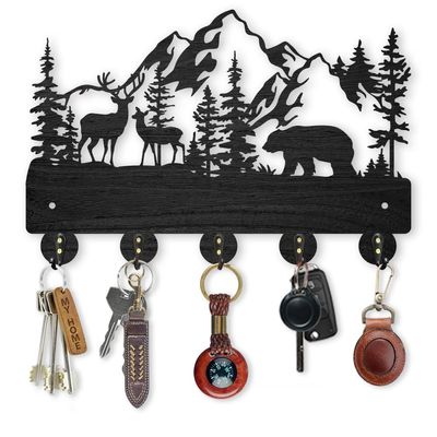 MAYJOYDIY Forest Deer Bear Coat Hooks 11.87.9inch Wood Animal Mountain Key Holder for Wall Tree Wild Animal Wall Key Hooks Hanger 5 Alloy Hooks for Home Art Decor Gift Farmhouse Front Door Kitchen