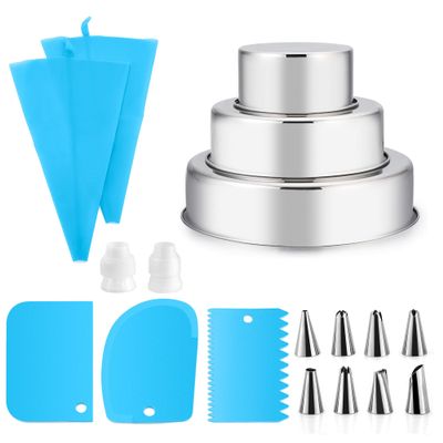 E-far Cake Pan Set of 3 (4 inch/6 inch/8 inch) with Piping Bags and Tips Set