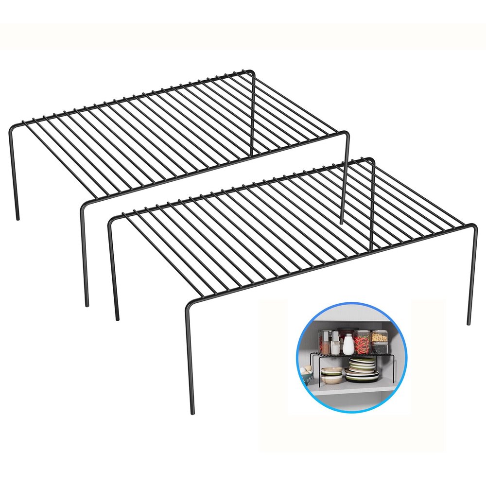 DPZM Large(15.7 x 9.4 inch)Black Cabinet Storage Shelf Rack Set of 2, Rustproof Metal Wire Kitchen Counter Organizers and Storage, Spice Organization for Cabinet, Plate, Dish, Pantry, Bathroom, Fridge