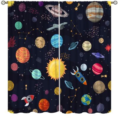 Cartoon Boys Outer Space CurtainKids Galaxy Rocket Colorful Universe Planet Solar System Nebula Space Themed Bedroom Decor Fantastic Curtain Fabric Polyester Set 2 Panels, 84x84 Inches