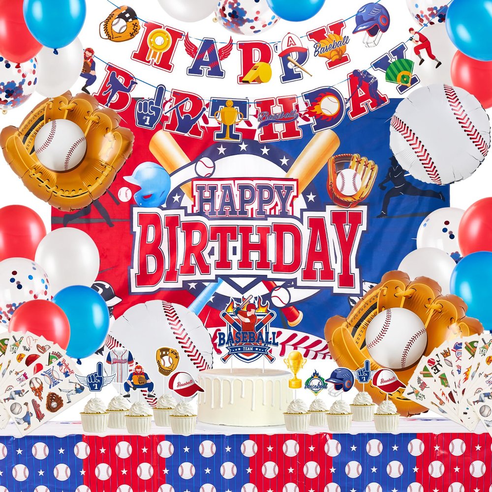 Baseball Party Decorations, Baseball Birthday Decorations Supplies Party Favors Birthday Banners, Baseball Temporary Tattoos, Baseball Balloons, Cupcake Topper Centerpieces, Backdrop Tablecloth