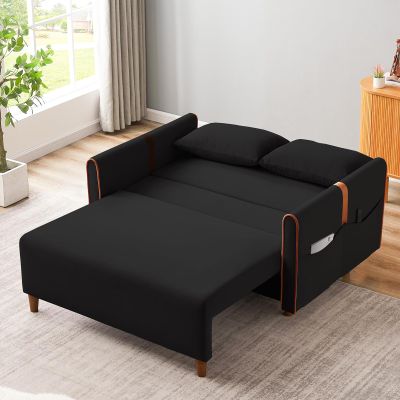 Deolme 3 in 1 Convertible Sleeper Sofa Couch Bed, Velvet Loveseat Sofa with Hidden Stoarge Box & Side Pockets, Comfy Pull Out Bed for Living Room, Bedroom, Office (Black)
