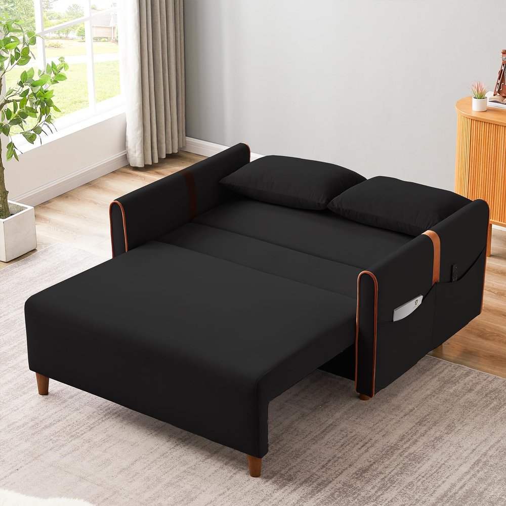 Deolme 3 in 1 Convertible Sleeper Sofa Couch Bed, Velvet Loveseat Sofa with Hidden Stoarge Box & Side Pockets, Comfy Pull Out Bed for Living Room, Bedroom, Office (Black)