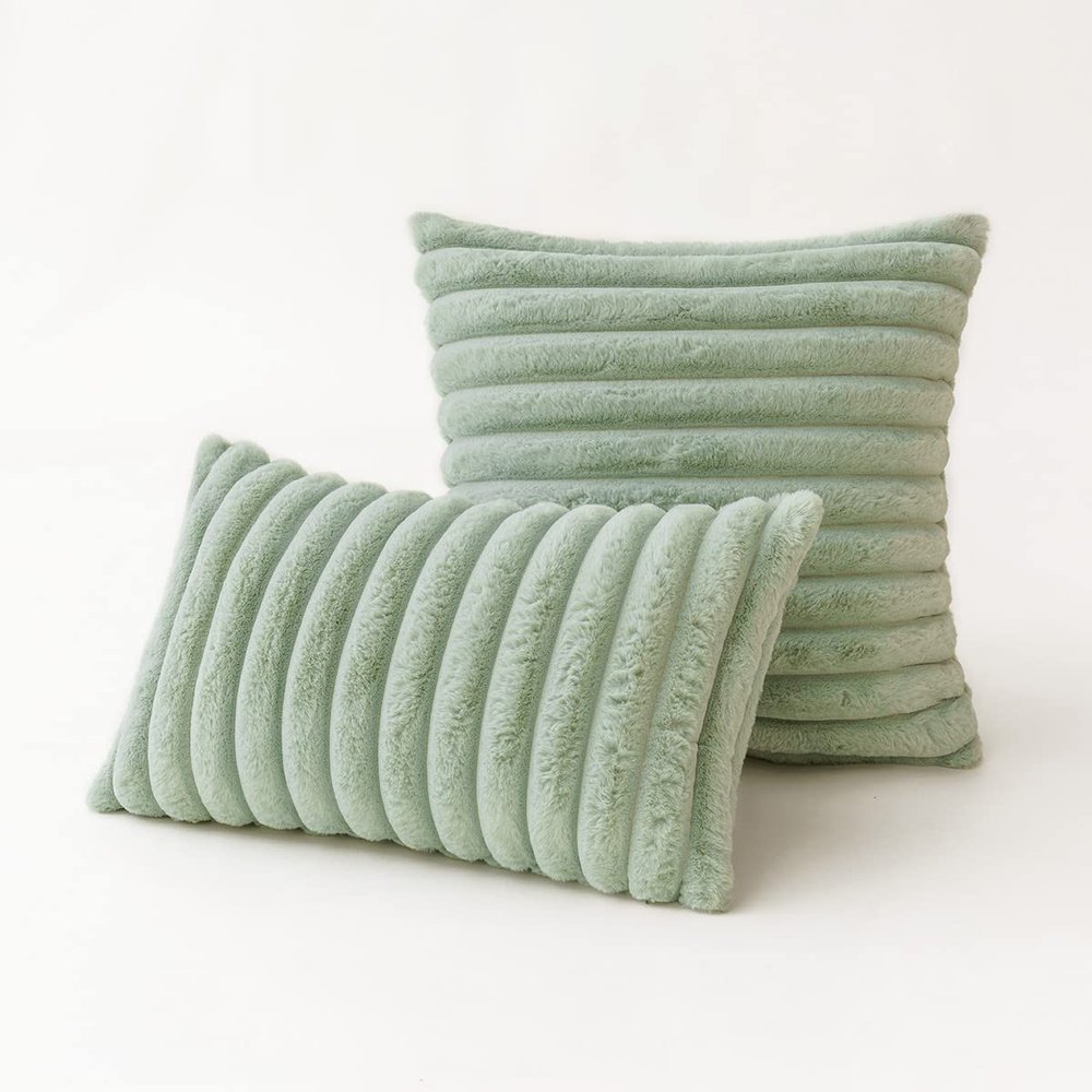 GYROHOME Faux Fur Plush Throw Pillow Covers Soft Striped Square Decorative Farmhouse Cushion Covers for Sofa Couch Living Room, Pack of 2, 18x18inch, Light Green