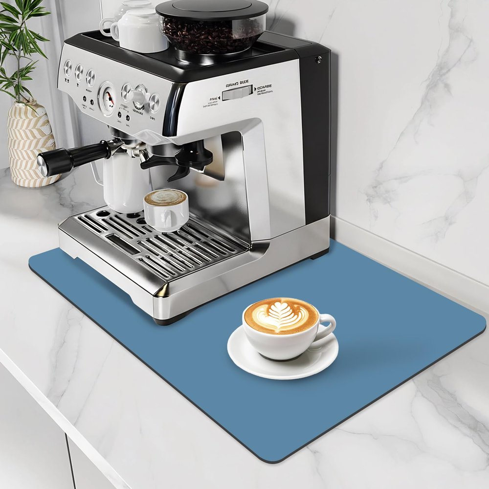 Blue Coffee Maker Mats, 19x12" Absorbent Hide Stain Bar Mat with Non-Slip Rubber Backed, Large Dish Drying Mat for Kitchen Counter, Easy Clean Quick Drying-Mat for Coffee Machine Dish Rack