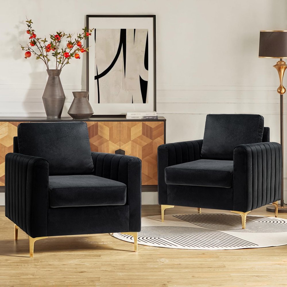 HULALA HOME Velvet Accent Chairs Set of 2 with Gold Metal Legs, Black