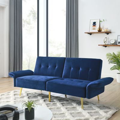 78" Italian Velvet Futon Sofa Bed, Convertible Sleeper Loveseat Couch with Folded Armrests and Storage Bags for Living Room and Small Space, Navy 280g Velvet