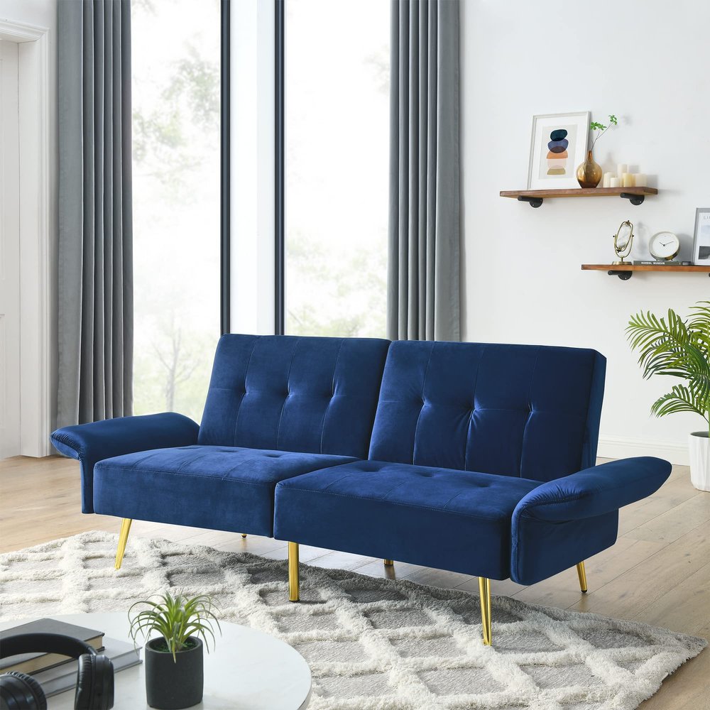 78" Italian Velvet Futon Sofa Bed, Convertible Sleeper Loveseat Couch with Folded Armrests and Storage Bags for Living Room and Small Space, Navy 280g Velvet