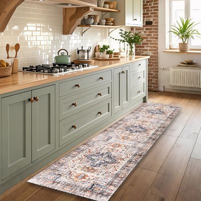 2x8 Hallway Washable Runner Rug : Vintage Soft Kitchen Bathroom Laundry Runner Non Slip Backing Farmhouse Entryway Floor Mat Stain Resistant Carpet for Bedroom Living Room Distressd Beside Rug(Blue)