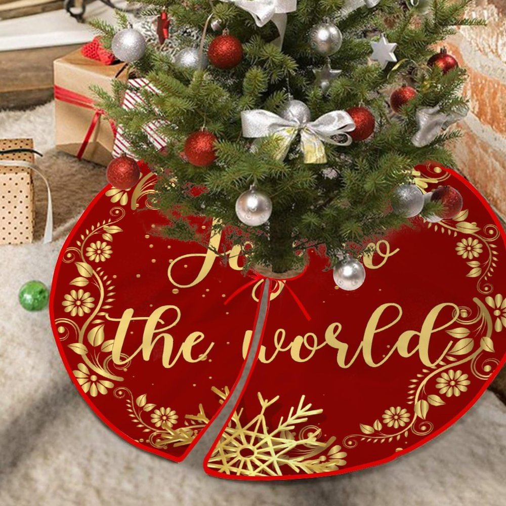 Joy to The World Christmas Tree Mat Red Gold Green Ball Merry Christmas Tree Skirts Custom Xmas Tree Ornaments for New Year Party Indoor Holiday Tree Ornaments 36"x36"