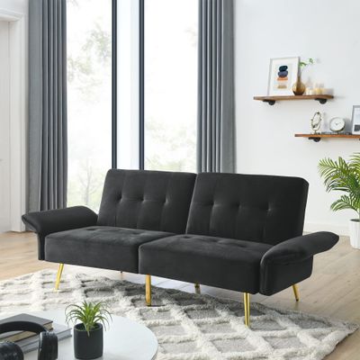 78" Italian Velvet Futon Sofa Bed, Convertible Sleeper Loveseat Couch with Folded Armrests and Storage Bags for Living Room and Small Space, Black 280g Velvet