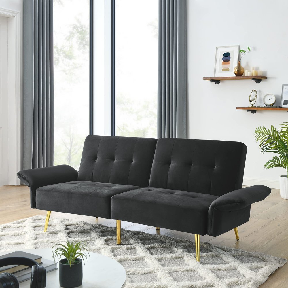 78" Italian Velvet Futon Sofa Bed, Convertible Sleeper Loveseat Couch with Folded Armrests and Storage Bags for Living Room and Small Space, Black 280g Velvet