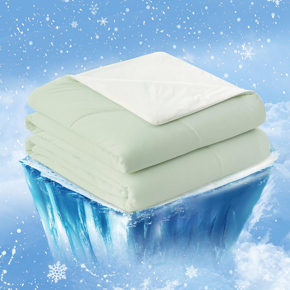 Cozy Bliss Cooling Comforter Twin Size, Cooling Blankets for Hot Sleepers and Night Sweats, Light Mint Green Cream Summer Comforter for Twin Size Bed, Breathable Soft Lightweight Silk Smooth