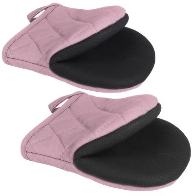 1 Pair Short Oven Mitts - Silicone Kitchen Oven Gloves High Heat Resistant 500, Mini Oven Mits with Non-Slip Grip Surfaces and Hanging Loop for BBQ, Baking, Cooking and Grilling (Pink)