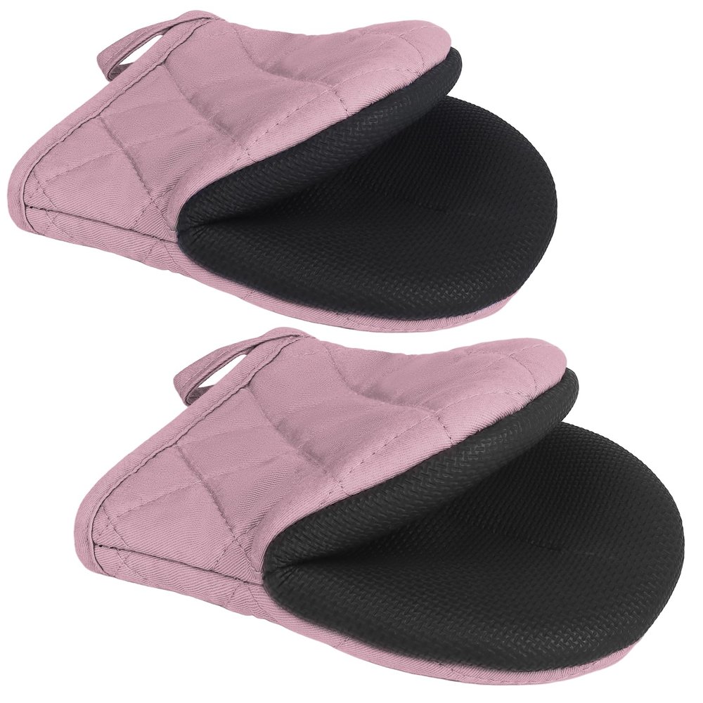 1 Pair Short Oven Mitts - Silicone Kitchen Oven Gloves High Heat Resistant 500, Mini Oven Mits with Non-Slip Grip Surfaces and Hanging Loop for BBQ, Baking, Cooking and Grilling (Pink)