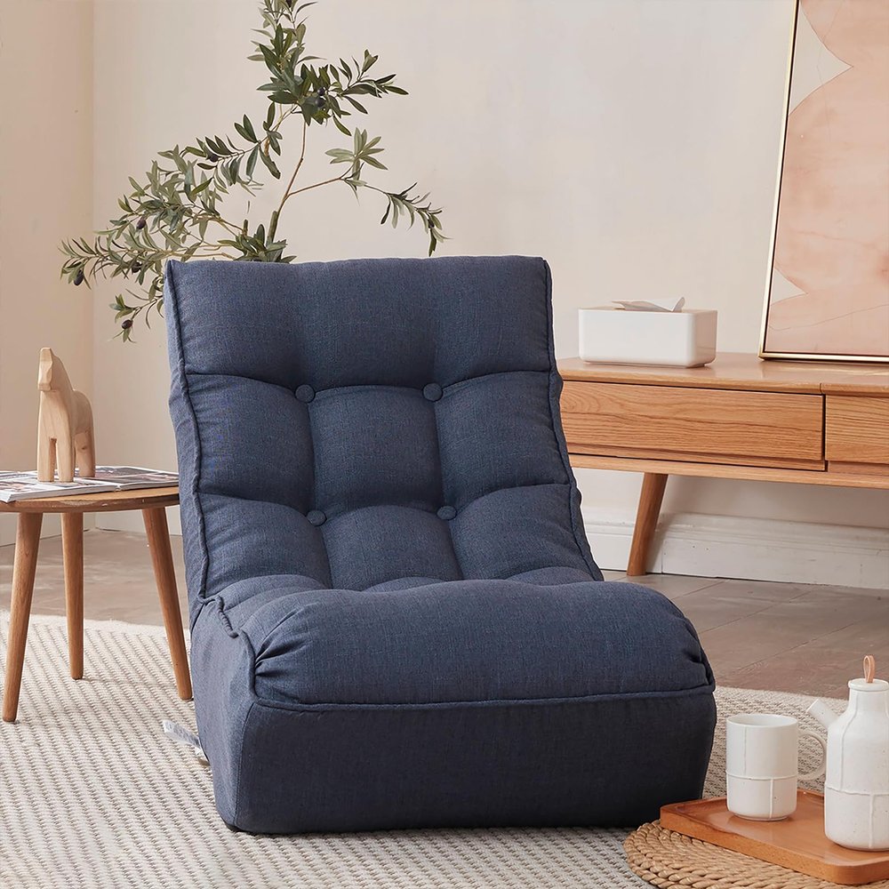 Japanese Single Sofa Reclining Chair, Lazy Sofa Tatami Balcony Leisure Sofa Adjustable Chair with Backrest, Comfy Relaxing Chair for Bedroom Living Room, Minimalist Armless Chair Design, Navy