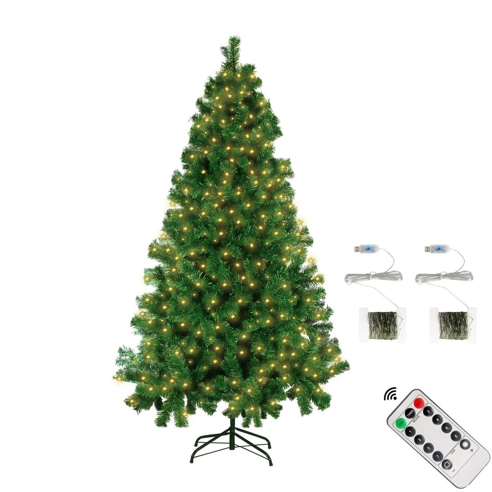 6Ft Artificial Christmas Tree with USB String Lights & Remote & Timer, 240 LED 8 Lighting Modes 850 Branches Tips Metal Base Stand- Detachable Fake Christmas Tree Holiday Christmas Party Decorations