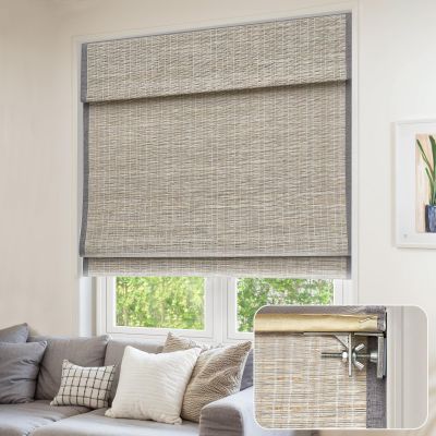 Pasoun Cordless Roman Shades No Tools No Drill Natural Fabric Roman Blinds for Windows Easy to Install Light Filtering Shades, Gray(with Edge Liner,Block 40-50% Light), 27" W x 88" H