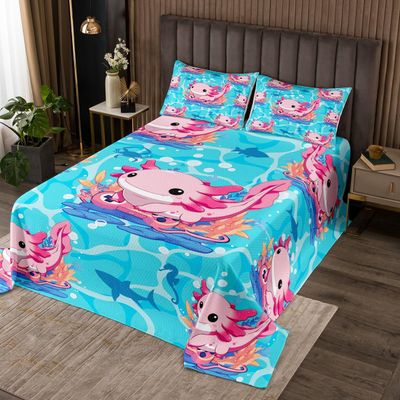 Cartoon Axolotl Kids Bedspread Queen Size,Crab Seahorse Shark Marine Seawater Coverlet Set,Boys Girls Adults Room Decor,Gamepad Gamer Fashion Quilted Coverlet,Blue Pink Bedding Quilt,2 Pillowcases