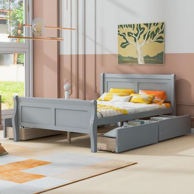 Full Size Platform Bed with 4 Drawers, Solid Wood Platform Bed Frame with Streamlined Headboard and Footboard for Kids Teens Adults (Gray/Full)
