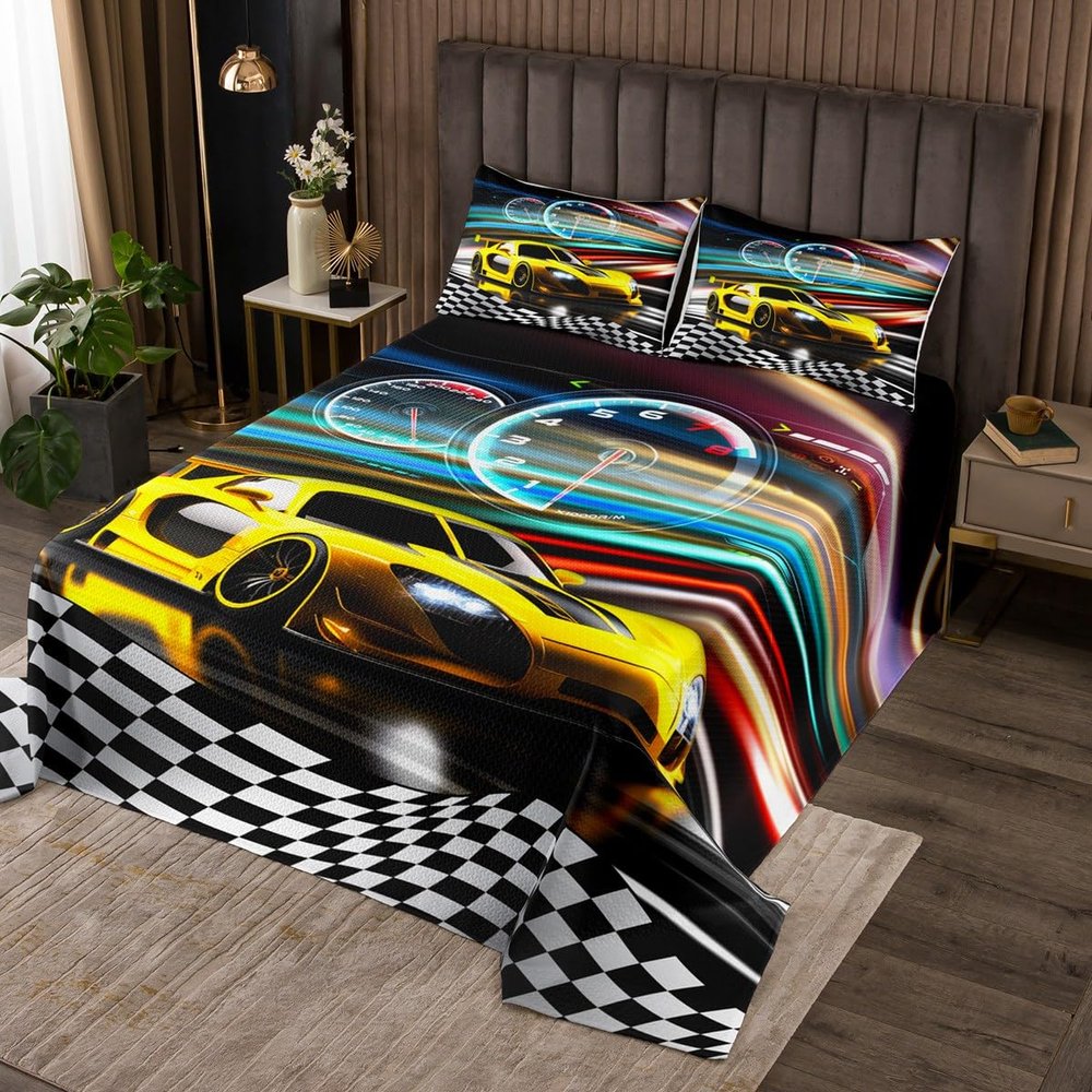Manfei Race Car Kids Bedspread Twin Size,Racing Flag Geometric Checkerboard Coverlet Set,Boys Girls Adults Room Decor,Extreme Sports Games Quilted Coverlet,Yellow Fashion Bedding Quilt,1 Pillowcase