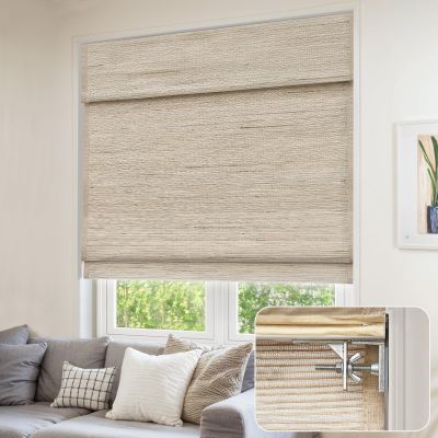 Pasoun Cordless Roman Shades No Tools No Drill Natural Fabric Roman Blinds for Windows Easy to Install Light Filtering Shades, Almond(with Edge Liner,Block 40-50% Light), 45" W x 72" H