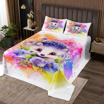 Cartoon Hedgehog Kids Bedspread King Size,Watercolor Tie-dye Boho Exotic Coverlet Set,Boys Girls Adults Room Decor,Wild Animals Flowers Romantic Quilted Coverlet,Cute Bedding Quilt,2 Pillowcases