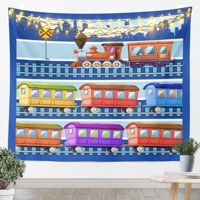 Cartoon Train Kids Tapestry,Colorful Transport Vehicles Toddler Wall Tapestries,Boys Girls Adults Room Decor,Cute Cars City Road Wall Hanging,Blue Retro Home Wall Decor,Small 51.2 x 59.1 Inches