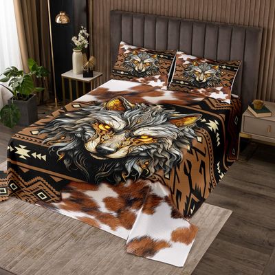 Wolf Kids Bedspread Twin Size,Aztec Wild Animal Geometric Patchwork Coverlet Set,Boys Girls Adults Room Decor,Cow Fur Skin Rustic Farmhouse Quilted Coverlet,Brown Retro Bedding Quilt,1 Pillowcase