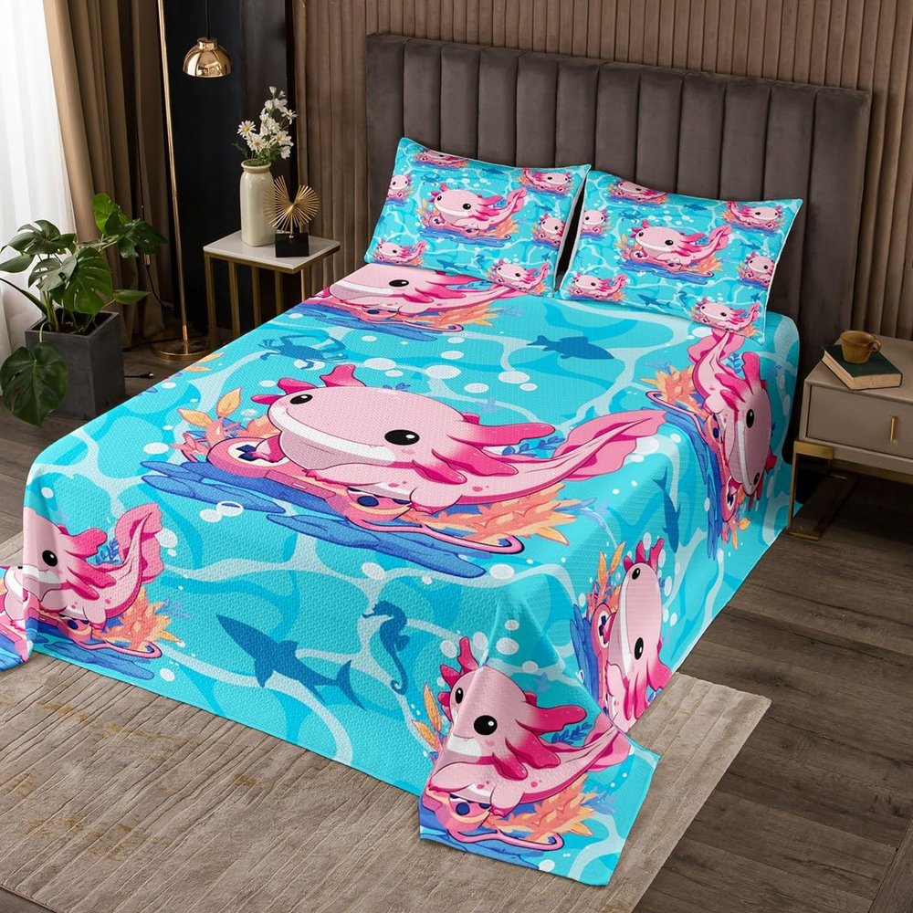 Cartoon Axolotl Kids Bedspread King Size,Crab Seahorse Shark Marine Seawater Coverlet Set,Boys Girls Adults Room Decor,Gamepad Gamer Fashion Quilted Coverlet,Blue Pink Bedding Quilt,2 Pillowcases