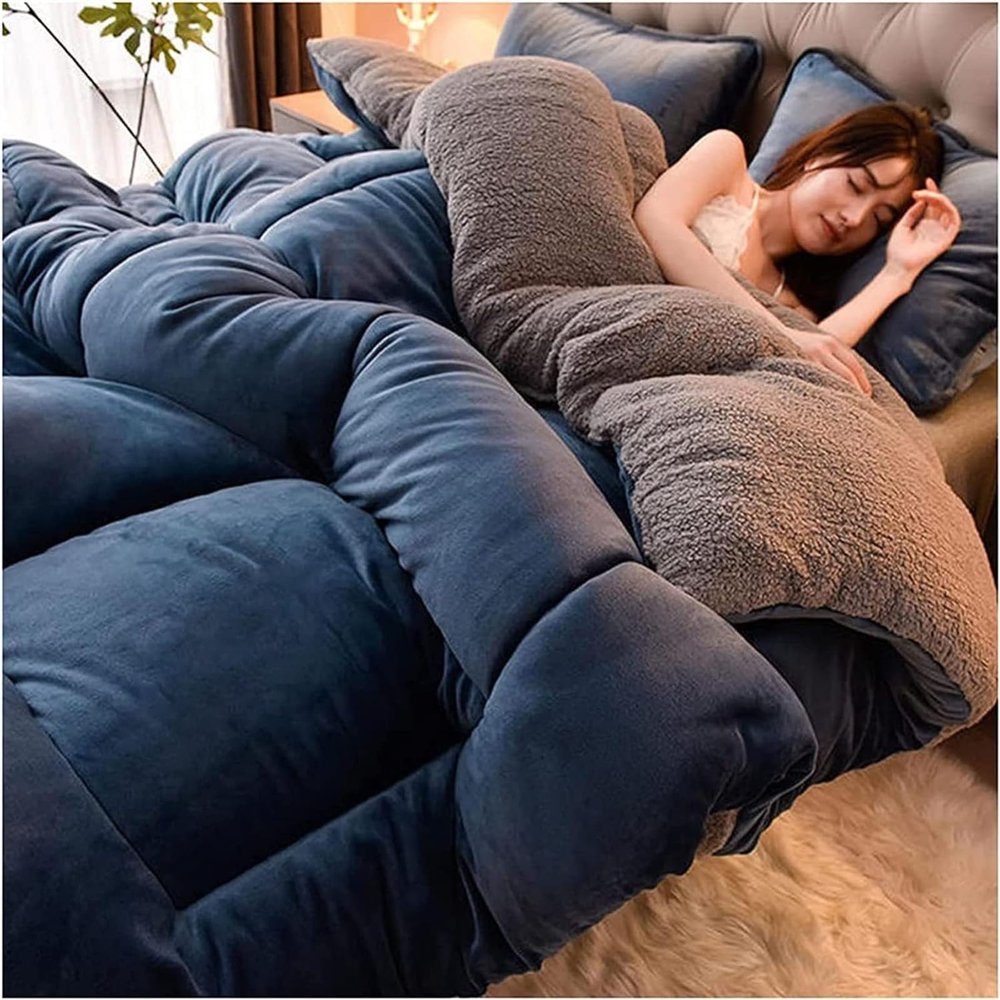 Double-Sided Velvet Winter Quilt, Super Warm Lamb Quilt Winter Blanket, Super Soft Insulation Hibiscus Thick Bed Blanket, Soft Flannel + Lamb Velvet Fabric, Warm Gift,Pink,Grey 5, 200x230cm(4kg)