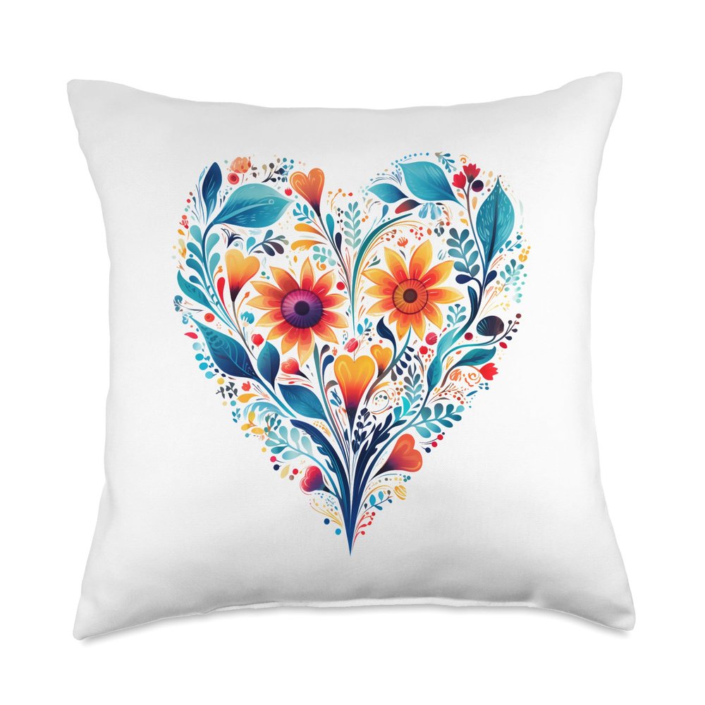 Abstract Designs Boho Floral Heart Yellow and Blue Throw Pillow, 18x18, Multicolor