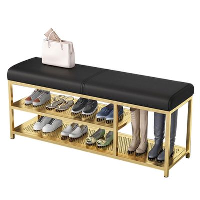 Natliedop 2-Tier Entryway Shoe Rack with Cushioned Seat, Metal Shoe Storage Bench, Shoe Bench for Entry, Storage Bench w/Faux Leather Top Bed Bench