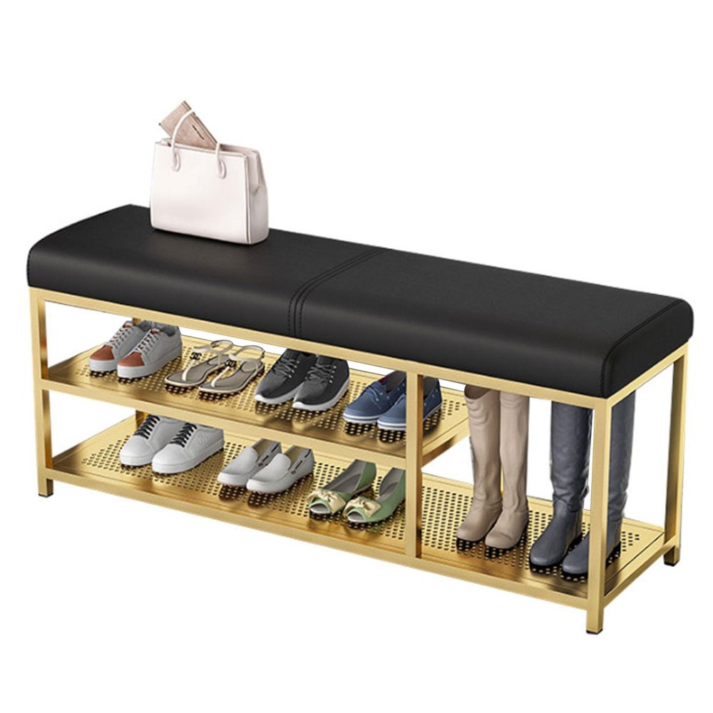 Natliedop 2-Tier Entryway Shoe Rack with Cushioned Seat, Metal Shoe Storage Bench, Shoe Bench for Entry, Storage Bench w/Faux Leather Top Bed Bench
