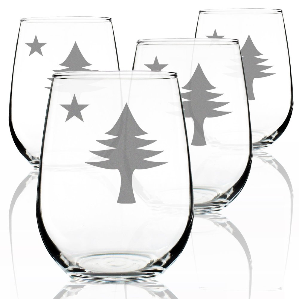 Bevvee Old Maine Flag - Stemless Wine Glasses - Set of 4 - Original 1901 State of Maine Flag Gifts for Women & Men Mainers - Large 17 Ounce