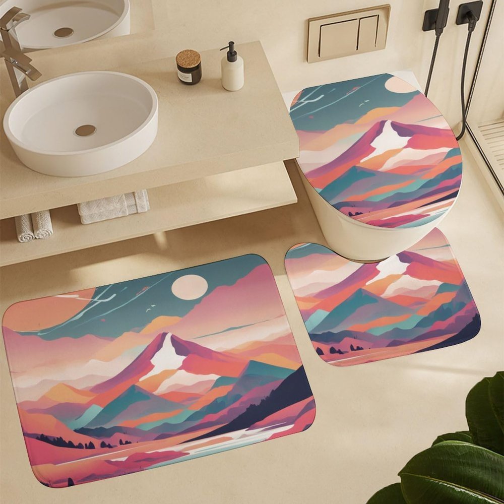 ZGDPBYF Mid Century Sunset Bathroom Mats Rugs Sets 3 Piece, Boho Abstract Mountain Dry Bath Mat Rugs for in Front of Bathtub,Shower Room,Sink,Kitchen