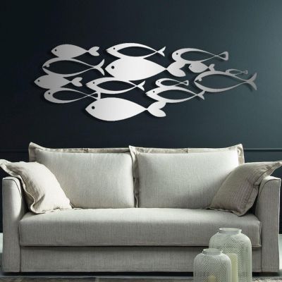 Metal Fish Wall Art, School of Fish Wall Decor, School of Fish Metal Wall Art, Metal Fish Wall Decor, Coastal Metal Wall Decor, Modern Metal Wall Art, Metal Wall Decor for Living Room Bathroom (41x15 inches / 105x37 cm, Silver)