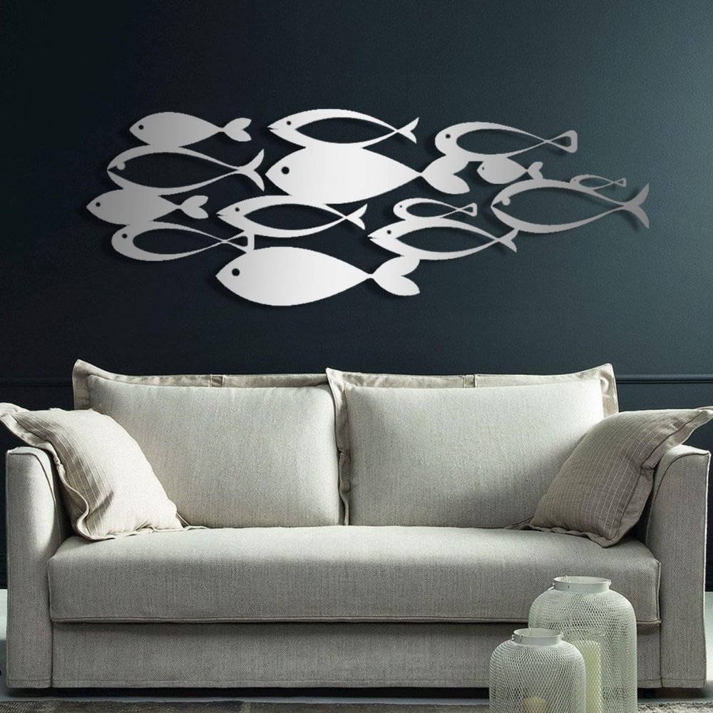 Metal Fish Wall Art, School of Fish Wall Decor, School of Fish Metal Wall Art, Metal Fish Wall Decor, Coastal Metal Wall Decor, Modern Metal Wall Art, Metal Wall Decor for Living Room Bathroom (41x15 inches / 105x37 cm, Silver)