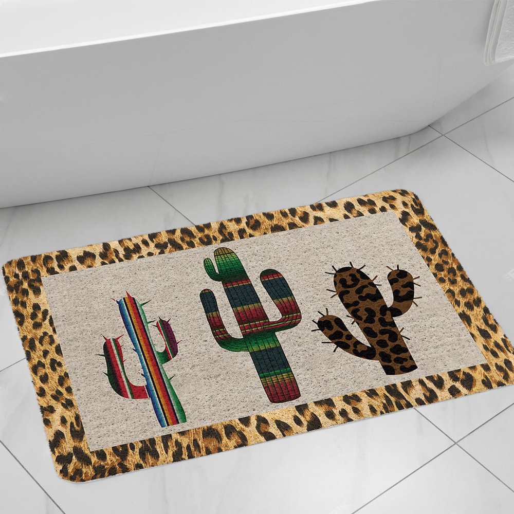 KITHOME Shower Mat Non Slip Bathtub Mat Mexico Cactus Leopard Print Background Bath Mat Soft Loofah Shower Mats for Shower Tub Bathroom Quick Drying Foot Mat, 16x24 Inch