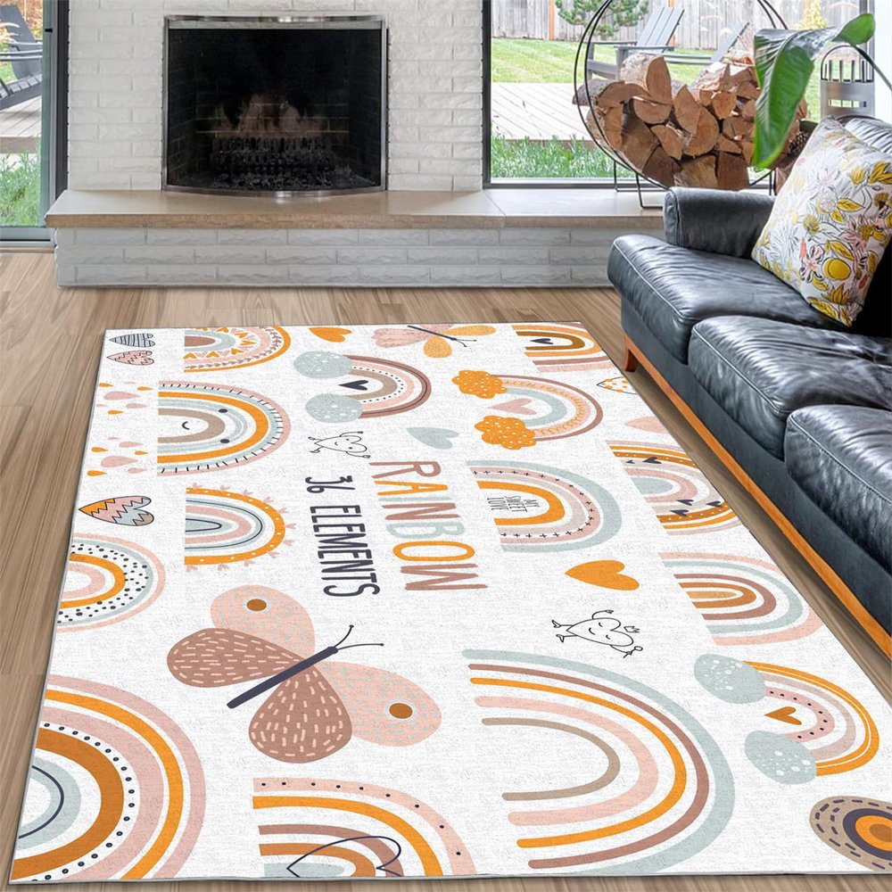 Kids Rug Rainbow Washable Area Rug Living Room Rugs 6x9, Butterfly Boho Printe Floor Carpets for Bedroom, Low Pile Non Slip Rug Home Office Nursery Play Mat