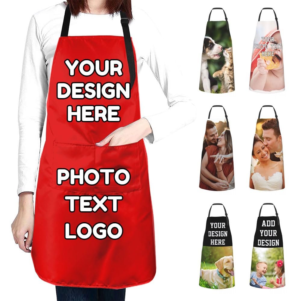 YURIOPF Personalized Aprons with Picture Text Custom Apron for Cooking Baking, Red