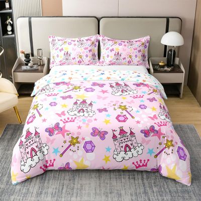 Full Size Duvet Cover Set Princess Castle 100% Pure Cotton Bedding Set Pink Girl Bow Comforter Cover 3 PCS Watercolor Oil Paint Print Quilt Cover Luxury Soft(No Comforter)