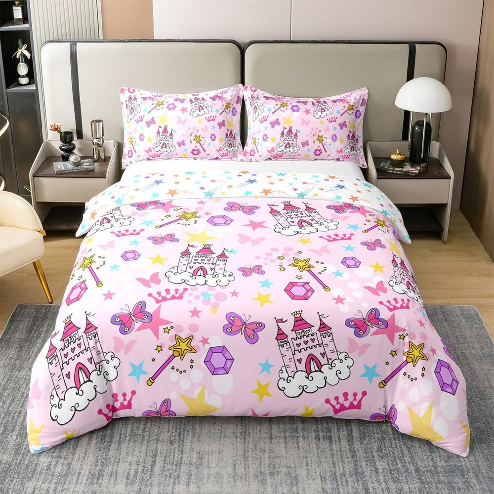 Full Size Duvet Cover Set Princess Castle 100% Pure Cotton Bedding Set Pink Girl Bow Comforter Cover 3 PCS Watercolor Oil Paint Print Quilt Cover Luxury Soft(No Comforter)