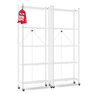 ALANNG 70.7" H Metal Storage Shelves, 5 Tier Folding Shelf on Wheels, Heavy Duty, No Assembly, Rolling, Collapsible Rack Unit for Kitchen, Basement, Pantry (White,2 Pack)