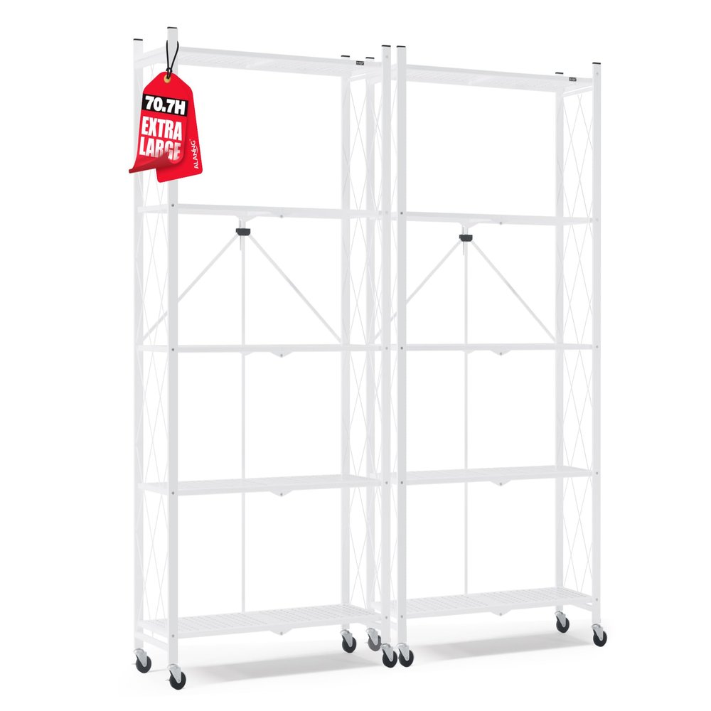 ALANNG 70.7" H Metal Storage Shelves, 5 Tier Folding Shelf on Wheels, Heavy Duty, No Assembly, Rolling, Collapsible Rack Unit for Kitchen, Basement, Pantry (White,2 Pack)