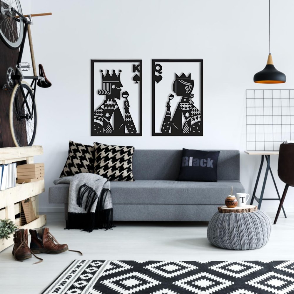 Cadeali Poker Metal Wall Art, Hearts Queen and King of Spades, Modern Geometric Wall Art Decor, Gift for Gamer, Card Game Wall Art, Home Decor, Housewarming Gift (24 x 18 inch | 60 x 45 cm, Black)