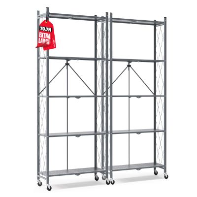 ALANNG 70.7" H Metal Storage Shelves, 5 Tier Folding Shelf on Wheels, Heavy Duty, No Assembly, Rolling, Collapsible Rack Unit for Kitchen, Basement, Pantry (Gray,2 Pack)