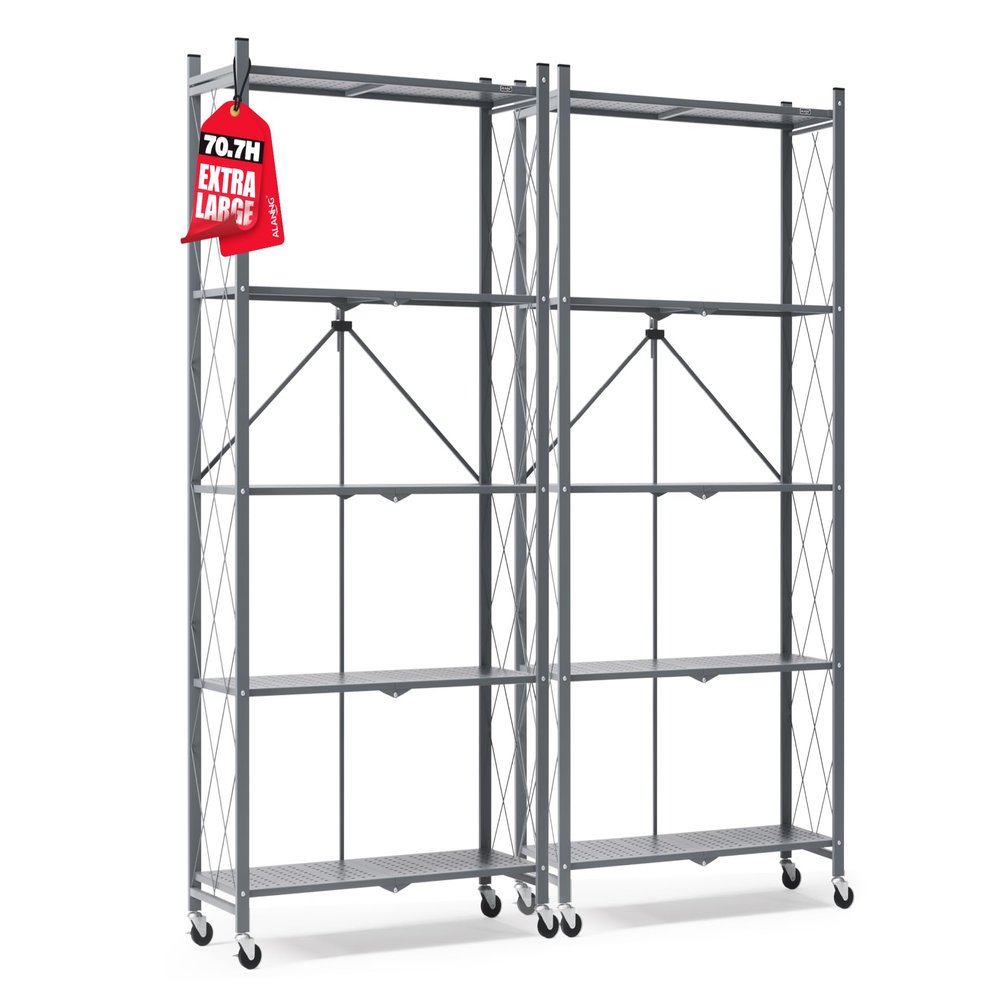 ALANNG 70.7" H Metal Storage Shelves, 5 Tier Folding Shelf on Wheels, Heavy Duty, No Assembly, Rolling, Collapsible Rack Unit for Kitchen, Basement, Pantry (Gray,2 Pack)